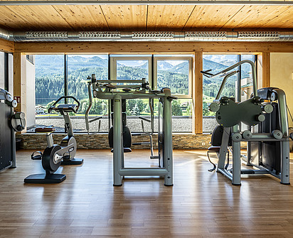 der Fitnessraum mit Geräten und Aussicht auf die Berge im Spothotel Sillian in Osttirol